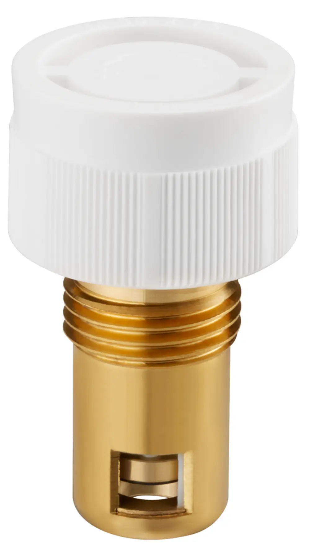 Oventrop Ventileinsatz in Gold und Weiß, mit einem gewindeartigen Anschluss und einer zentralen Sitzabdichtung, geeignet für Heizungsinstallationen.